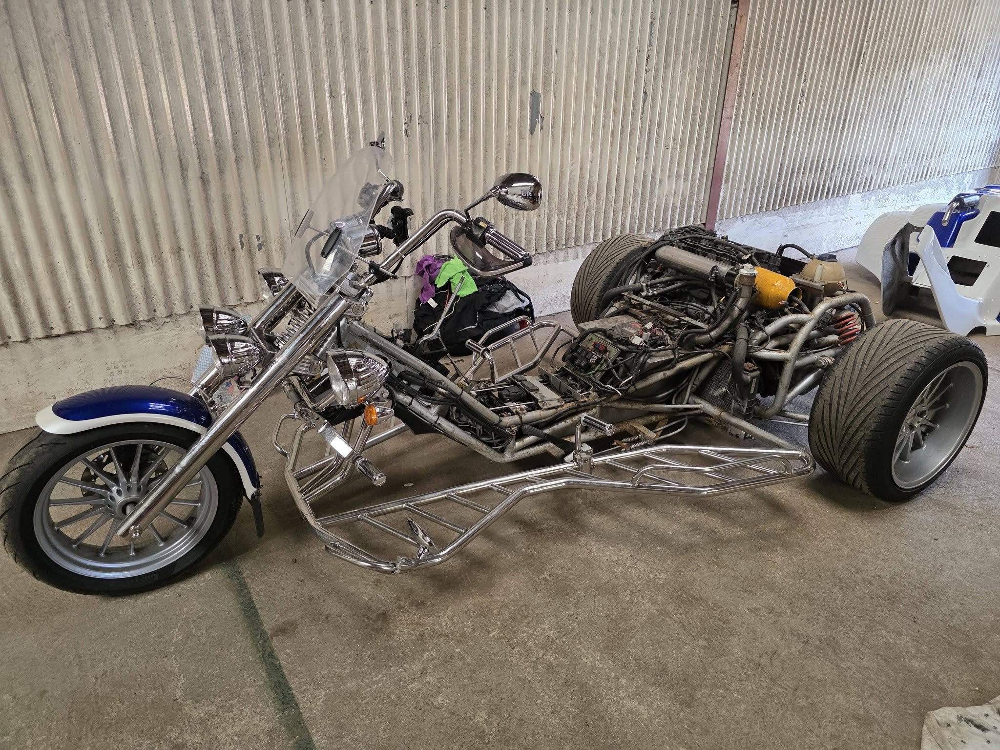 Custom trike project stripped back in the workshop