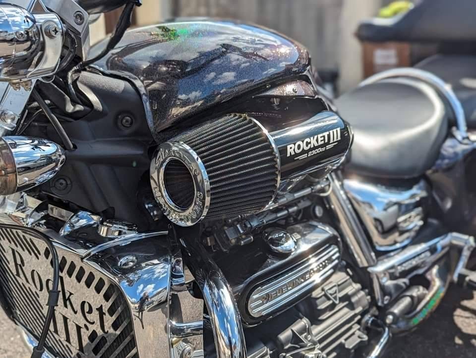 Close-up of a polished Rocket III motorcycle engine and bodywork
